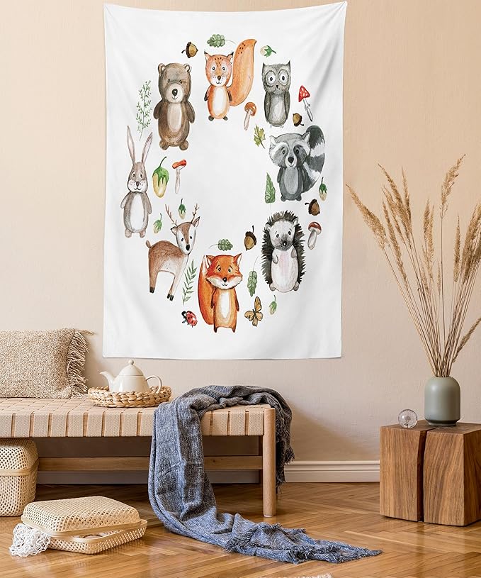 Lunarable Woodland Tapestry, Animals of The Forest Mushrooms Acorns Circular Frame Cartoon Pastel Colors, Wall Hanging for Bedroom Living Room Dorm Decor, 60" X 80", Multicolor