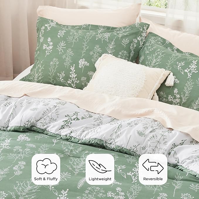 Bedsure Queen Comforter Set - Green Bed Set, 3 Pieces Cute Floral Bedding, 1 Soft Reversible Botanical Flowers Comforter and 2 Pillow Shams