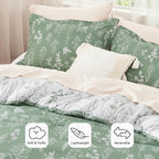 Bedsure Queen Comforter Set - Green Bed Set, 3 Pieces Cute Floral Bedding, 1 Soft Reversible Botanical Flowers Comforter and 2 Pillow Shams