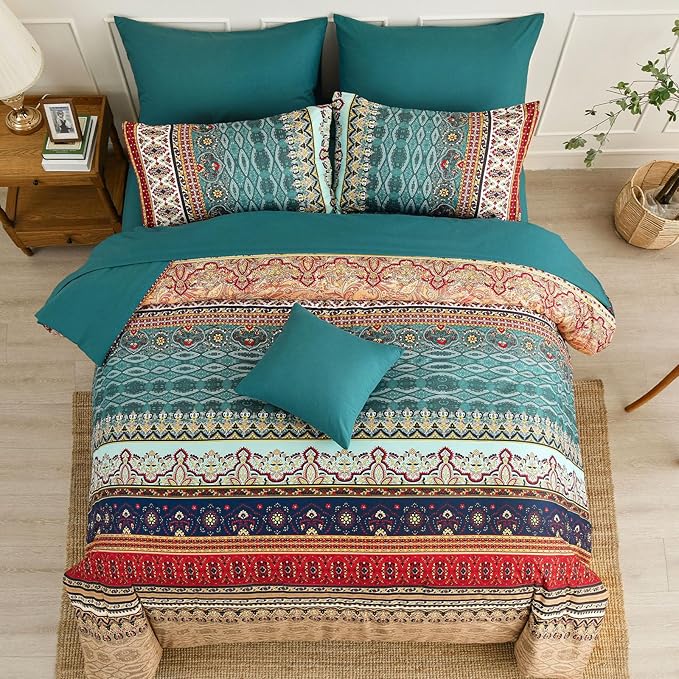 Boho Comforter Set California King Size 8 Pieces,Green and Brown Bohemian Striped Bed in a Bag,Floral Soft Microfiber Bedding Comforter Set for All Seasons