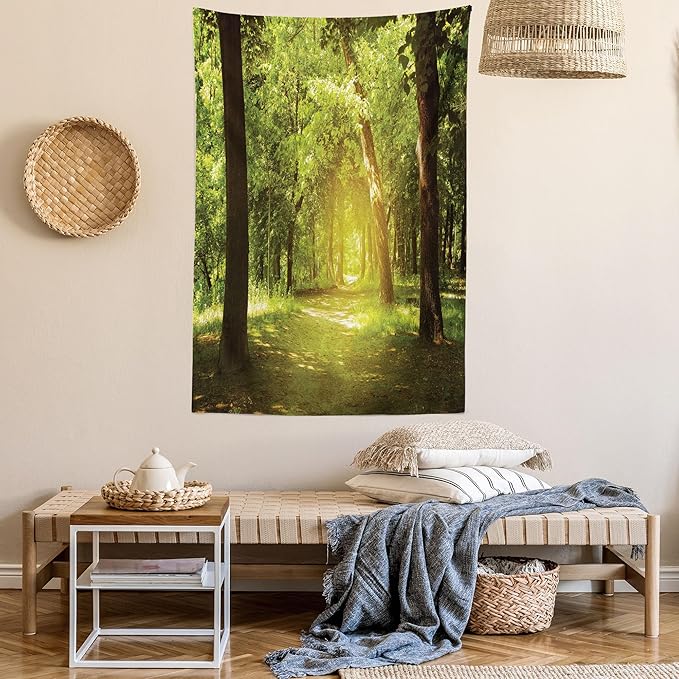 Lunarable Woodland Tapestry Twin Size, Tall Forest Trees Basking in The Morning Peaceful Environment in Green Nature, Wall Hanging Bedspread Bed Cover Wall Decor, Twin Size, Green Chocolate