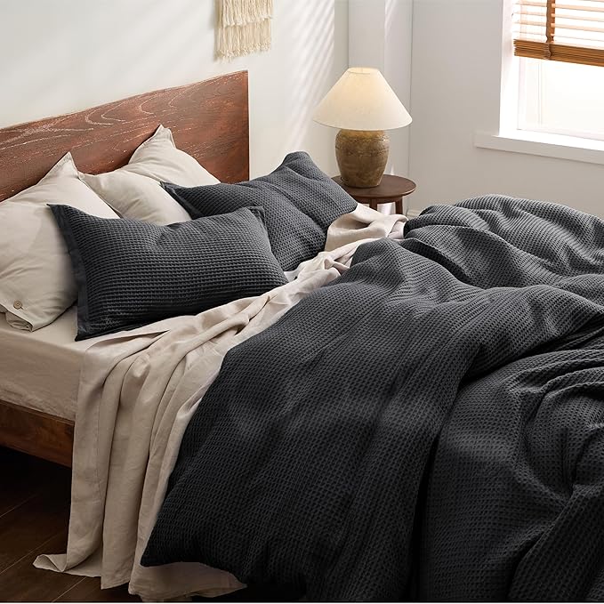 Bedsure Cotton Duvet Cover Queen - 100% Cotton Waffle Weave Charcoal Duvet Cover Queen Size, GentleSoft™ and Breathable Bedding Set for All Season, 3 Pieces, 90"x90"