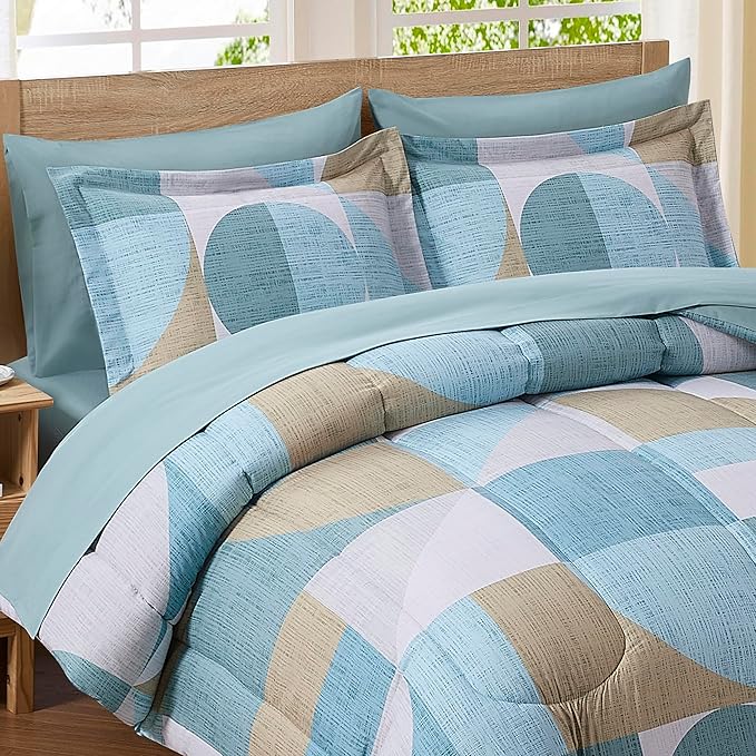 Geometric Comforter Set Twin Size with Sheets Bed in a Bag – Deep Pocket Fitted Sheet with Elastic Corners, Cozy Comforter, Pillowcases & Shams – Soft Microfiber All Season Bedding – Machine Washable