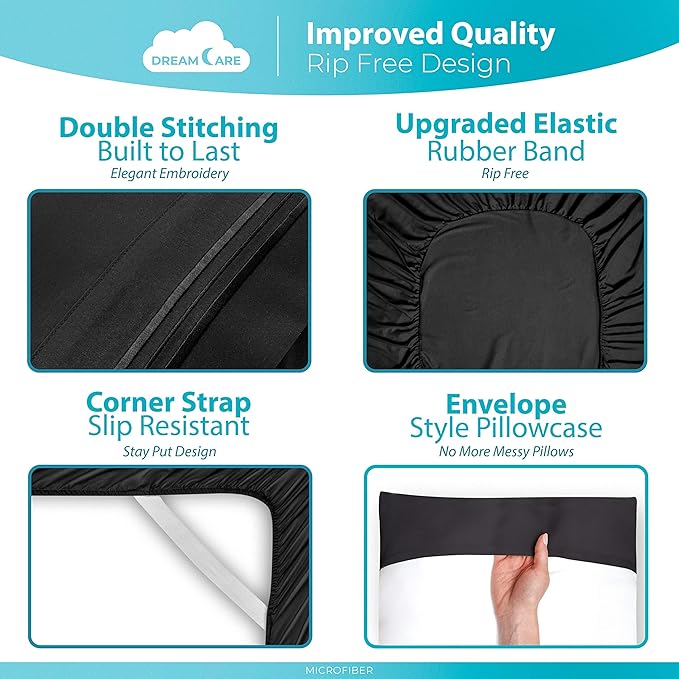DREAMCARE Twin XL Sheet Sets – 3pcs Cooling Sheets – up to 21” Extra Deep Pocket Twin XL Sheets Set – Hotel Luxury Sheets & Pillowcases – Superior Softness 100% Fine Microfiber with Side Pocket –Black