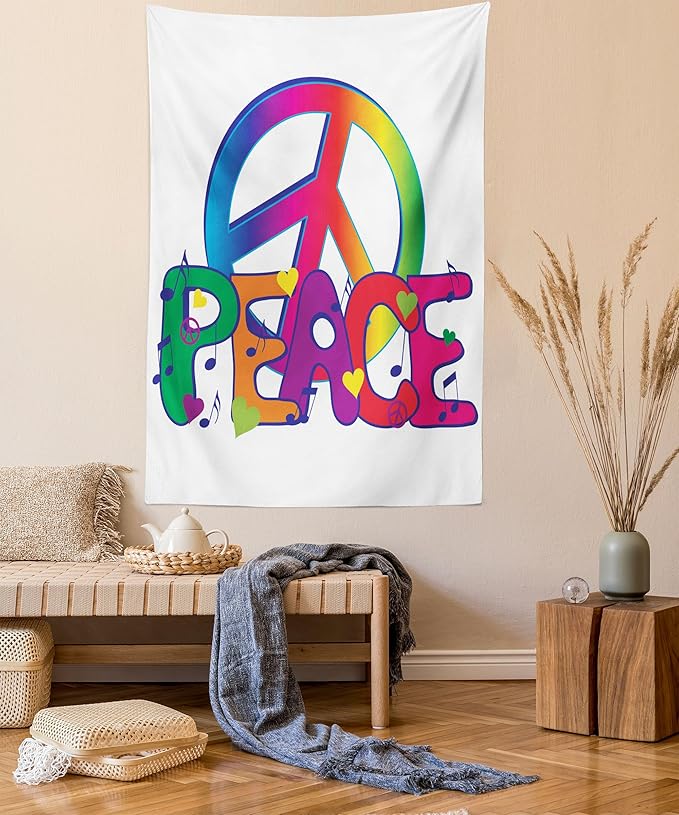 Ambesonne Groovy Tapestry, Peace Text Sign Letters Seventies Musical Historic Revolution Equality Illustration, Wall Hanging for Bedroom Living Room Dorm Decor, 40" X 60", Pink Blue