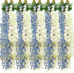 Giegxin 24 Pcs Artificial Wisteria Hanging Flowers 3.6 ft Artificial Fake Wisteria Vine Rattan Hanging Garland Silk Flowers String for Wall Home Wedding Party Greenery Decorations (Blue,White)