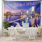 Ambesonne Urban Tapestry, Jacksonville Florida Architecture Business District Cityscape Evening Scene, Wide Wall Hanging for Bedroom Living Room Dorm, 60" X 40", Violet Blue Peach