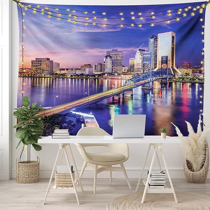Ambesonne Urban Tapestry, Jacksonville Florida Architecture Business District Cityscape Evening Scene, Wide Wall Hanging for Bedroom Living Room Dorm, 60" X 40", Violet Blue Peach