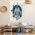 Lunarable Moon Phases Tapestry, Spaceman Silhouette Sitting in Lotus Pose Yoga Zodiac Harmony, Wall Hanging for Bedroom Living Room Dorm Decor, 60" X 80", Blue White