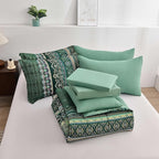 Boho Green Comforter Set Queen Size,8 Piece Bed in a Bag Bohemian Striped Bedding Quilt Set,Dark green Paisley Floral Comforter and Sheet Set,Soft Microfiber Complete Bedding Sets for All Season