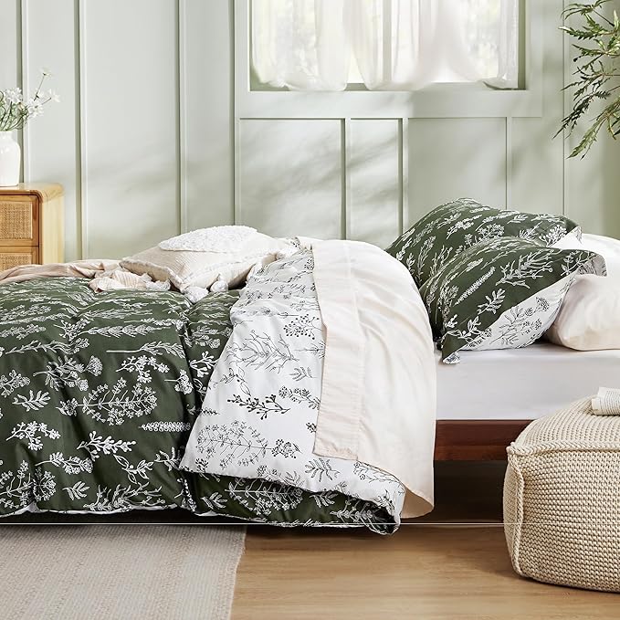 Bedsure King Comforter Set - Dark Olive Green Bed Set, 3 Pieces Cute Floral Bedding, 1 Soft Reversible Botanical Flowers Comforter and 2 Pillow Shams