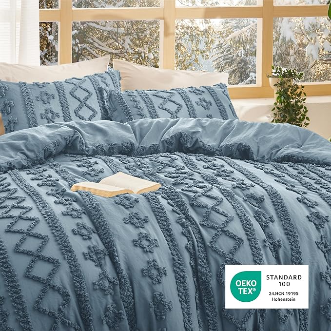 Bedsure Tufted Boho Comforter Set Twin Size - Grayish Blue Boho Bed Set, GentleSoft™ 2 Pieces Farmhouse Shabby Chic Embroidery Bedding, Gifts for Woman, Soft Jacquard Twin Comforter for All Seasons