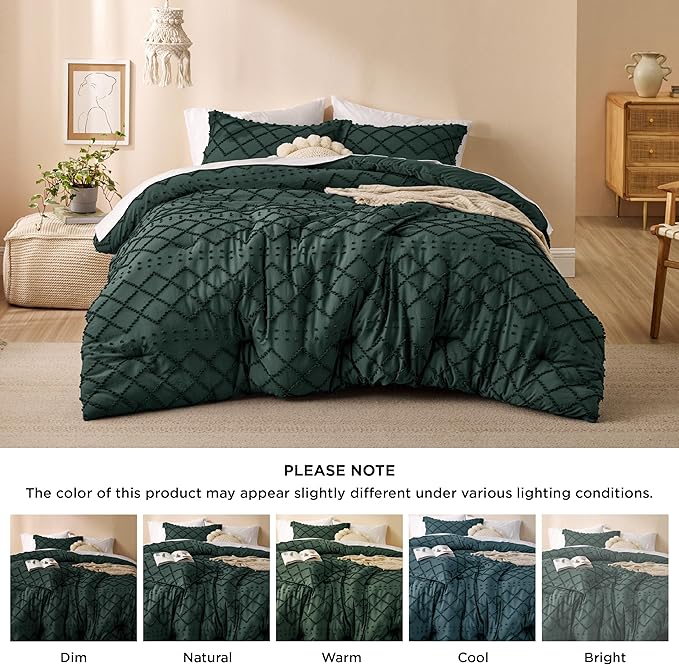 Bedsure Twin Comforter Set - Forest Green Comforter, Boho Tufted Shabby Chic Bedding for Kids, 2 Pieces Vintage Farmhouse Bed Set for All Seasons, Fluffy Soft Bedding with 1 Pillow Sham