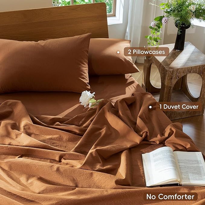 MooMee Bedding Duvet Cover Set 100% Washed Cotton Linen Like Textured Breathable Durable Soft Comfy (Solid Dark Orange, Super King Plus 120"x120")