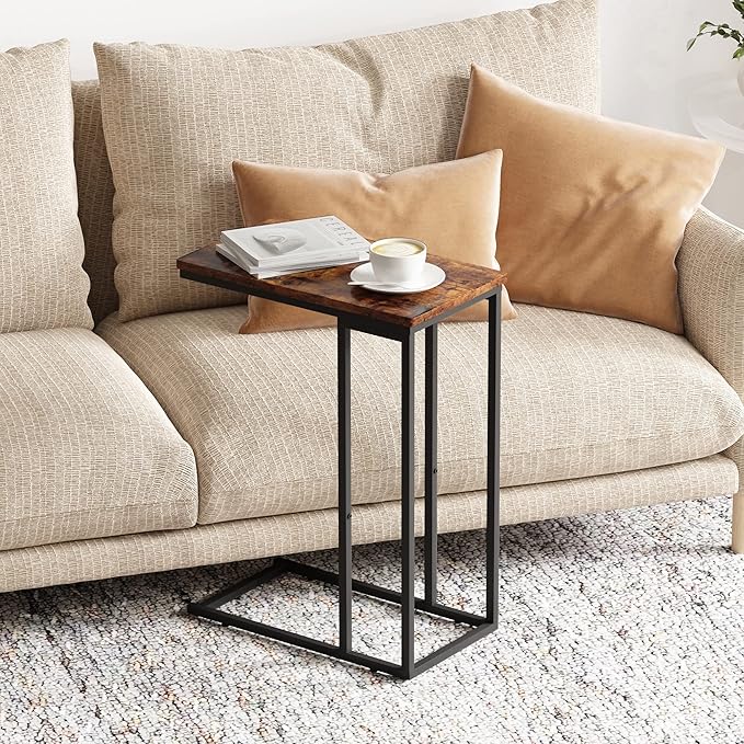 Yusong Small C Shaped End Table, Slim Couch Side Tables Slide Under Sofa Bed, Skinny Snack Tray Table for Coffee Laptop in Living Room,Easy Assembly, Rustic Brown