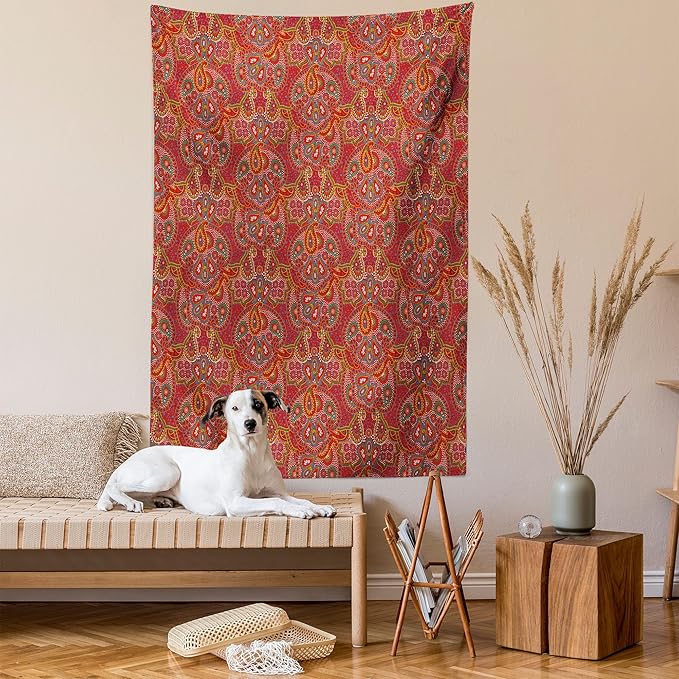 Lunarable Paisley Tapestry Twin Size, Vibrant Colored Pattern with Various Oriental Design Elements Boho Influence, Wall Hanging Bedspread Bed Cover Wall Decor, Twin Size, Ruby, 68" Width x 88" Length