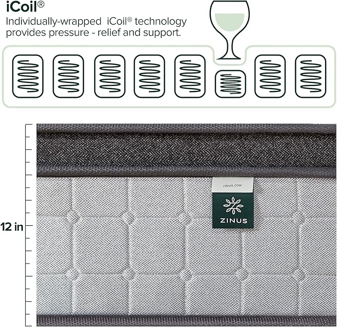 ZINUS 12 Inch Comfort Support Cooling Gel Hybrid Mattress, Full, Euro Top Innerspring Mattress, Motion Isolating Pocket Springs, Mattress in A Box