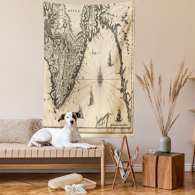 Ambesonne World Map Tapestry, Map of Southern Part of The Norway Vikings World Old Scandinavian Land, Wall Hanging for Bedroom Living Room Dorm, 60" X 80", Cream Grey