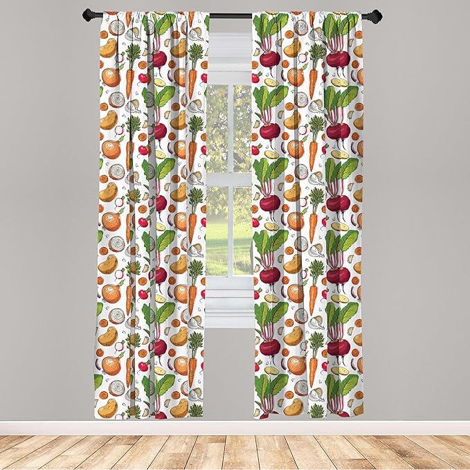 Ambesonne Vegetables 2 Panel Curtain Set, Continuous Pattern of Sketchy Painted Healthy Natural Tasty Food Illustration, Window Treatment Living Room Bedroom Decor, Pair of - 28" x 84", Green Orange