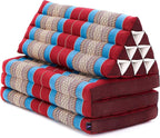 Leewadee 3-Fold Mat XXL with Triangle Cushion – Firm TV Pillow, Foldable Mattress with Cushion Made of Kapok, 67 x 31 inches, Blue Red