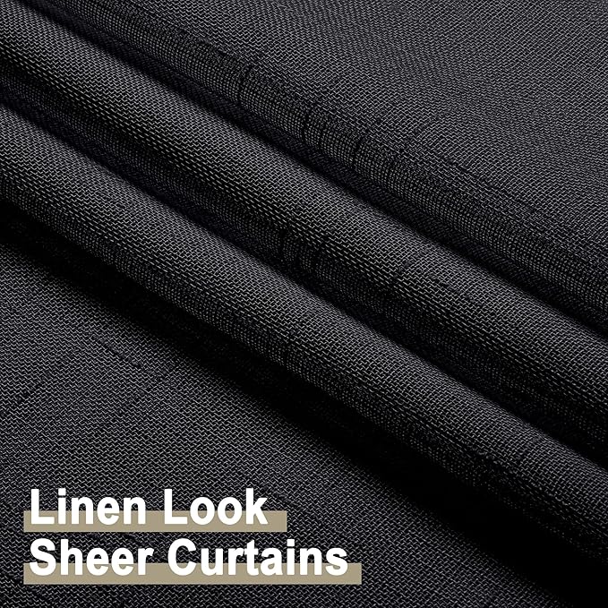 Aiyufeng Kirei Faux Linen Black Sheer Curtains 84 Inches Long 2 Panels, Light Filtering Slub Textured Breathable Rod Pocket Curtain Drapes for Farmhouse Living Room Bedroom, Each 40Wx84L Inch