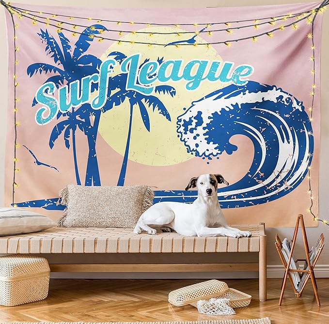 Lunarable Vintage Hawaii Tapestry, Surf League Lettering with Wave Tropical Trees and Birds Silhouettes Print, Fabric Wall Hanging Decor for Bedroom Living Room Dorm, 28" X 23", Pink Blue