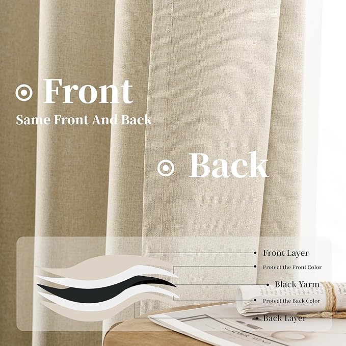 KangBang Linen Blackout Curtains 84 Inches Long, Back Tab Rod Pocket Boho Beige Curtains Room Darkening Soundproof Elegant Thick Linen Drapes for Living Room Baby Nursery(2 Panels, 52Wx84L)
