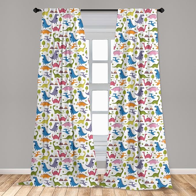 Ambesonne Dino Window Curtains, Cartoon Style Colorful Dinosaurs T-Rex Triceratops Prehistoric Reptile Wildlife, Lightweight Decor 2-Panel Set with Rod Pocket, Pair of - 28" x 84", Blue Green