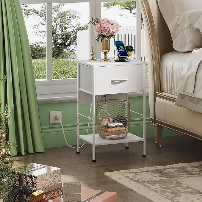 WLIVE Nightstand with Charging Station, 25" H Nightstand with 1 Fabric Drawer and Open Wood Shelf, Bed Side Table for Bedroom, 2-Tier Storage End Table, Small Dresser for Dorm, Entryway, White