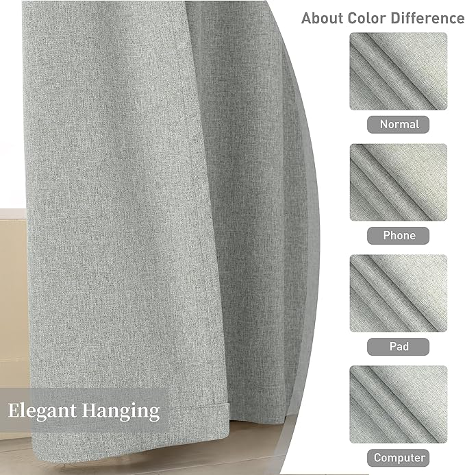 KangBang Fog Grey Linen Blackout Curtains 84 inches Long, Thermal Linen Textured Curtains for Bedroom Offices, Back Tab/Rod Pocket Modern Drapes, Blocks 100% Light & Street Noise(2 PCs, 52Wx84L)