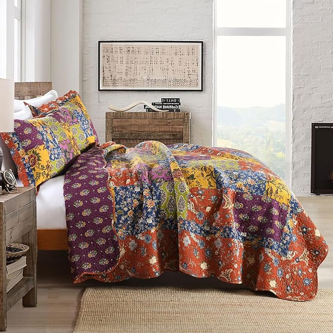 Secgo King Size Comforter Set- 100% Cotton Quilt King Size Set, Green, Sage bedspreads (96 * 108 Inch) with 2 Pillow Shams, Patchwork Reversible Lightweight Bedding