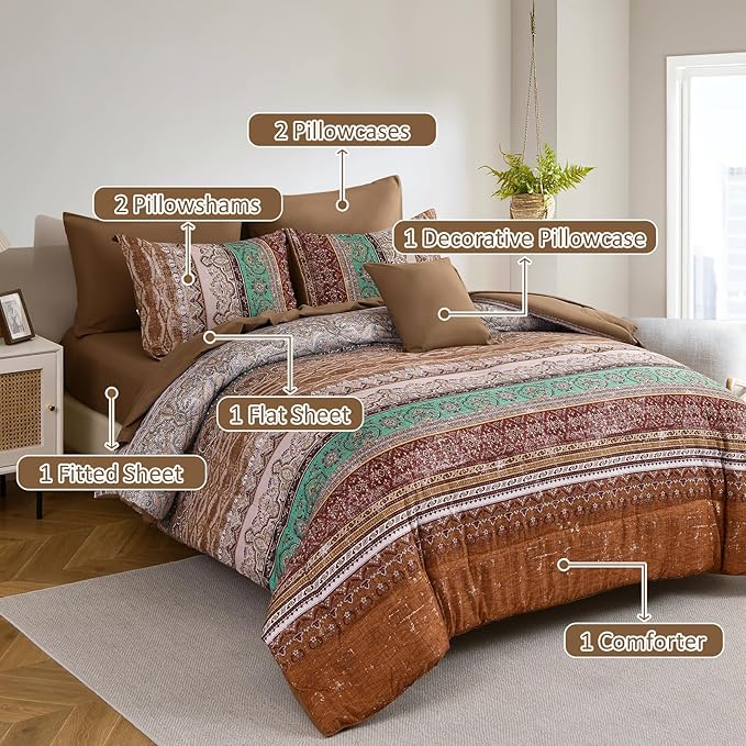 Cottolester Boho Comforter Set Full Size 8 Pieces, Brown Bohemian Striped Bed in a Bag, Paisley Soft Microfiber Bedding Comforter Set