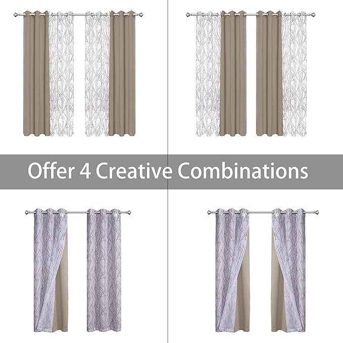 BONZER Mix and Match Curtains - 2 Pieces Branch Print Sheer Curtains and 2 Pieces Blackout Curtains for Bedroom Living Room Grommet Window Drapes, 37x95 Inch/Panel, Taupe, Set of 4 Panels