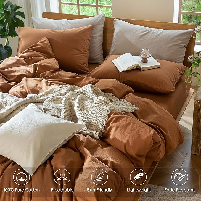 MooMee Bedding Duvet Cover Set 100% Washed Cotton Linen Like Textured Breathable Durable Soft Comfy (Solid Dark Orange, Palatial King/Oversized King 120"x98")