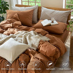 MooMee Bedding Duvet Cover Set 100% Washed Cotton Linen Like Textured Breathable Durable Soft Comfy (Solid Dark Orange, King 104"x90")