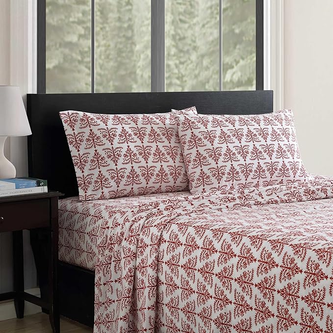 Eddie Bauer - Flannel Sheets Queen Size, Anti-Pilling & Wrinkle Resistant Cotton, Touchably Soft for All-Season Comfort - Bed Sheets with Matching Pillowcases & Fitted Sheet (Jolly Trees Red)