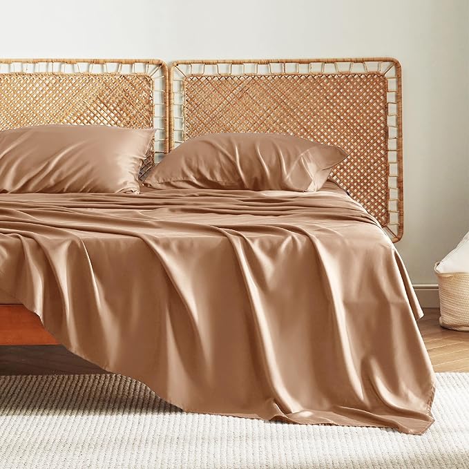 Bedsure Queen Sheet Set, Rayon Derived from Bamboo, Cooling Sheets, Breathable & Soft, Deep Pocket Up to 16 Inches, Hotel Luxury Silky Bedding for Hot Sleepers, Khaki