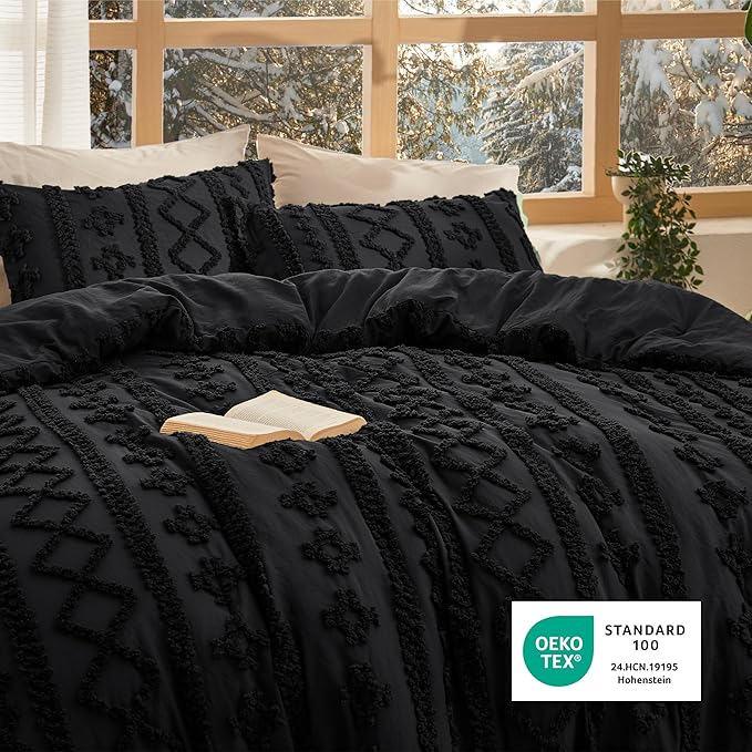 Bedsure Tufted Boho Comforter Set California King - Black Boho Bed Set, GentleSoft™ 3 Pieces Farmhouse Shabby Chic Embroidery Bedding, Gifts for Woman, Soft Jacquard Comforter for All Seasons