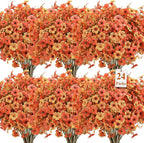 SHareconn 24 Bundles Artificial Fall Flowers for Outdoors Decoration, UV Resistant Silk Eucalyptus Lavender Faux Autumn Fake Plants for Outside Indoor Garden Yard Porch Home Decor, Autumn Orange-Red