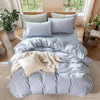 MooMee Bedding Duvet Cover Set 100% Washed Cotton Linen Like Textured Breathable Durable Soft Comfy (Heathered Cornflower Blue, Super King Plus 120"x120")