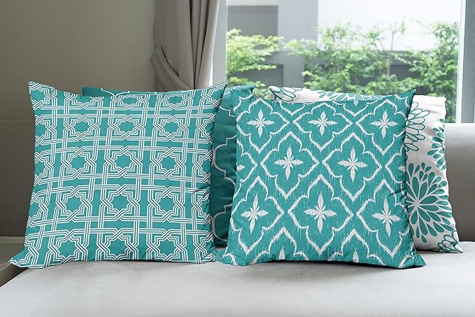 Ambesonne Vintage Throw Pillow Cushion Case Pack of 4, Monochrome Design Grid Trellis Quatrefoil Mesh and Dahlia Flowers Modern Print, Modern Accent Double-Sided Digital Printing, 24", Teal and White