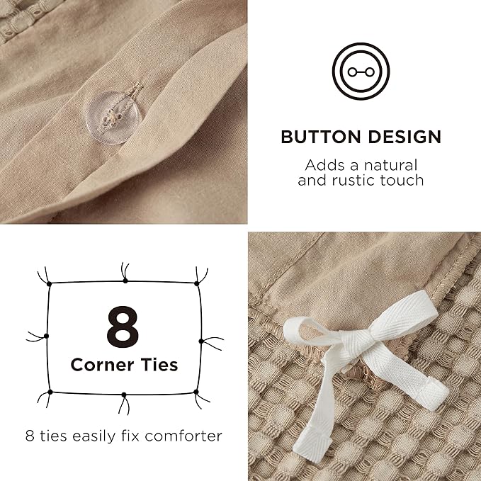 Bedsure Cooling Waffle Duvet Cover Queen - Cotton Blend Rayon Derived from Bamboo Duvet Cover Set for Hot Sleepers, Breathable Bedding Set with a Vintage Charm, 3 Pieces (Taupe, Queen, 90"x90")