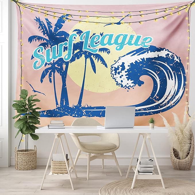 Lunarable Vintage Hawaii Tapestry, Surf League Lettering with Wave Tropical Trees and Birds Silhouettes Print, Fabric Wall Hanging Decor for Bedroom Living Room Dorm, 28" X 23", Pink Blue