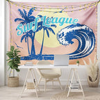 Lunarable Vintage Hawaii Tapestry, Surf League Lettering with Wave Tropical Trees and Birds Silhouettes Print, Fabric Wall Hanging Decor for Bedroom Living Room Dorm, 28" X 23", Pink Blue