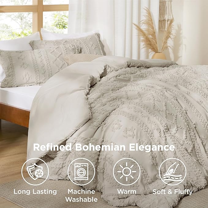 Bedsure Tufted Boho Comforter Set Twin Size - Linen Boho Bed Set, GentleSoft™ 2 Pieces Farmhouse Shabby Chic Embroidery Bedding, Gifts for Woman, Soft Jacquard Twin Comforter for All Seasons