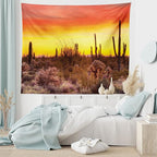 Ambesonne Saguaro Tapestry, Sun Rays Over Sonoran Desert at Sunset Brittle Bush Shrub Vibrant Colors, Wide Wall Hanging for Bedroom Living Room Dorm, 60" X 40", Red Orange Black
