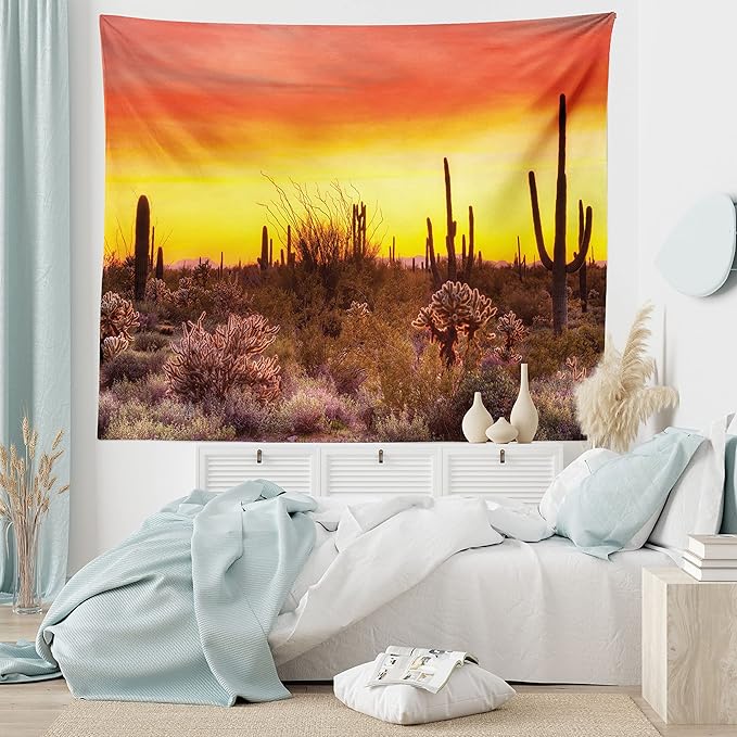 Ambesonne Saguaro Tapestry, Sun Rays Over Sonoran Desert at Sunset Brittle Bush Shrub Vibrant Colors, Wide Wall Hanging for Bedroom Living Room Dorm, 60" X 40", Red Orange Black