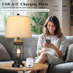 Qimh Table Lamp for Bedroom Set of 2 with USB A+C Ports, Farmhouse Bedside Lamp with Night Light, 3-Way Dimmable Touch Control, Rustic Industrial Nightstand Lamp for Living Room, Bulbs Included, Black