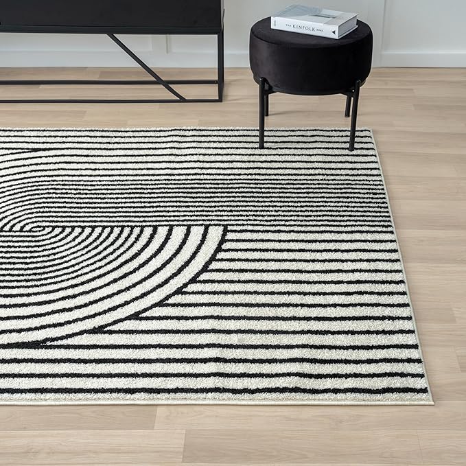 Abani Nuevo Collection Area Rug - Mid-Century Black and White Arch Knot Design - 6' x 9' - for Living Room, Bedroom & Office