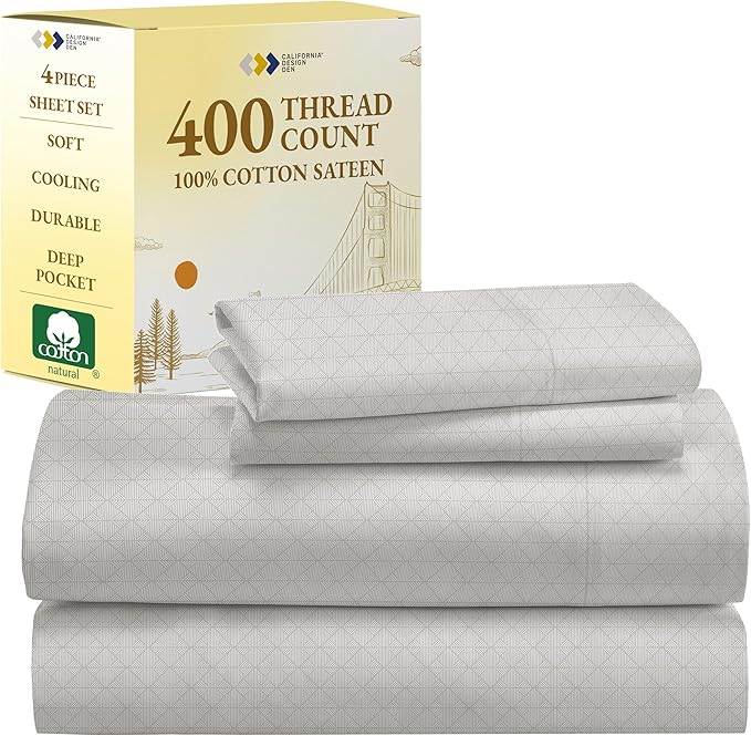 California Design Den Printed King Size Sheets Set - Luxury 400 Thread Count Sateen, Natural 100% Cotton Sheets, Deep Pockets, Cooling and Durable Bedding Set - Taupish-Sage Crosshatch